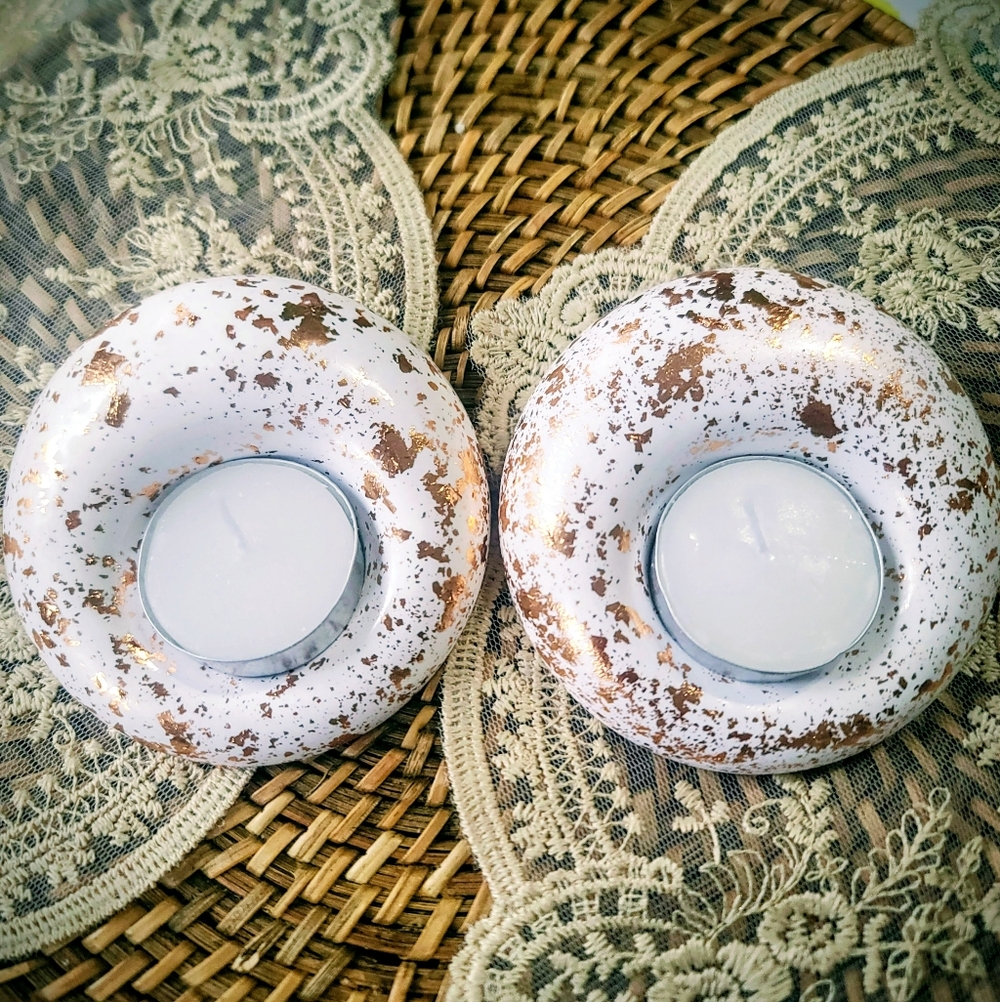 Handmade TWO White and Gold Speckled Plaster candle tea light  holder 3.7" dia